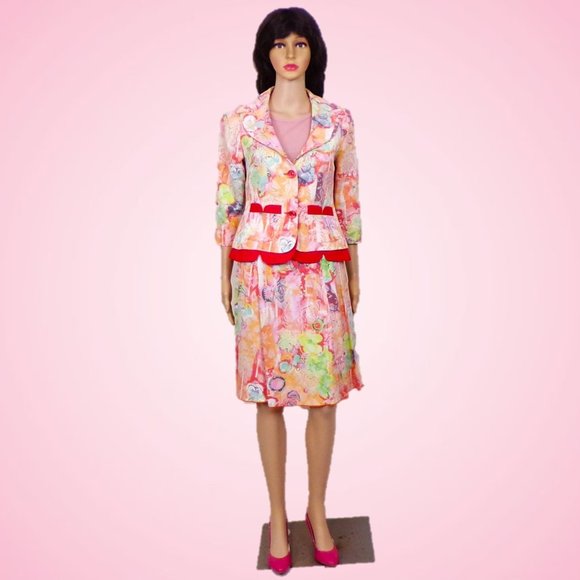 BENTLEY A. size 4 2-piece suit jacket/skirt multicolor floral cotton blend - Picture 1 of 13